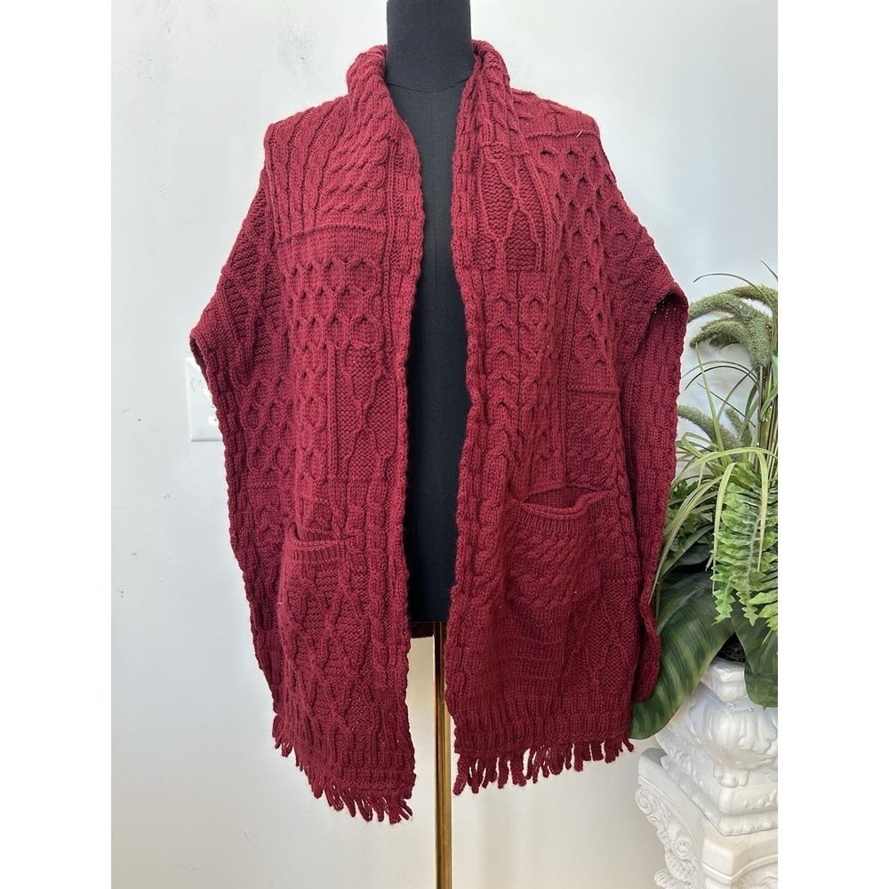Connemara Knitwear Ireland Burgundy 100%Merino Wool Shawl Fringe Knit Sweater OS